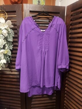 Woman Within Purple Studded V-Neck Pintuck Blouse